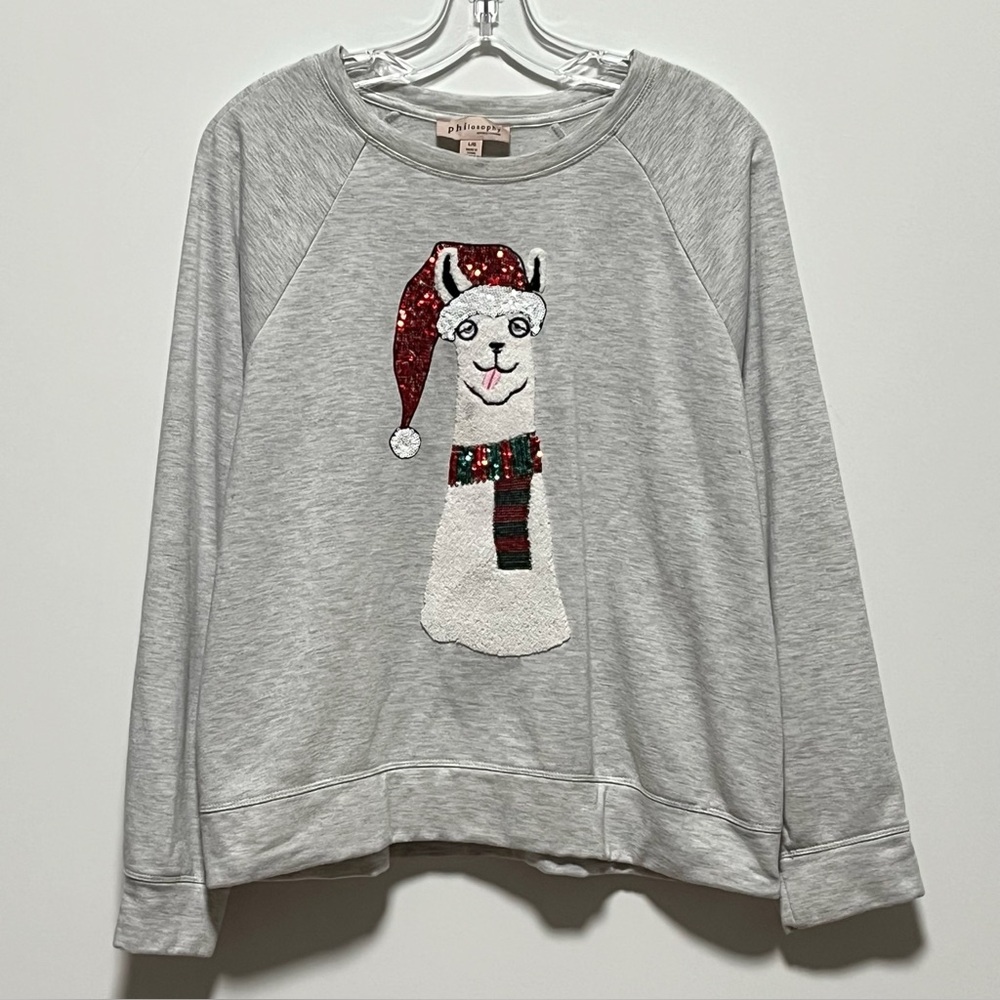 Philosophy Light Gray Holiday Llama Sequin Sweatshirt